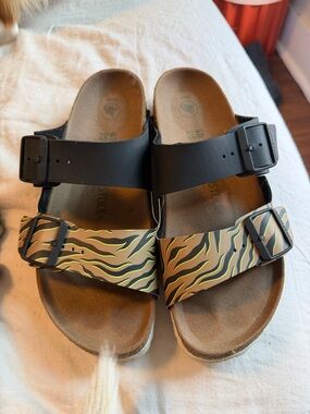 Birkenstock Black Two-Band Sandals with Brown & Green Tiger Stripe